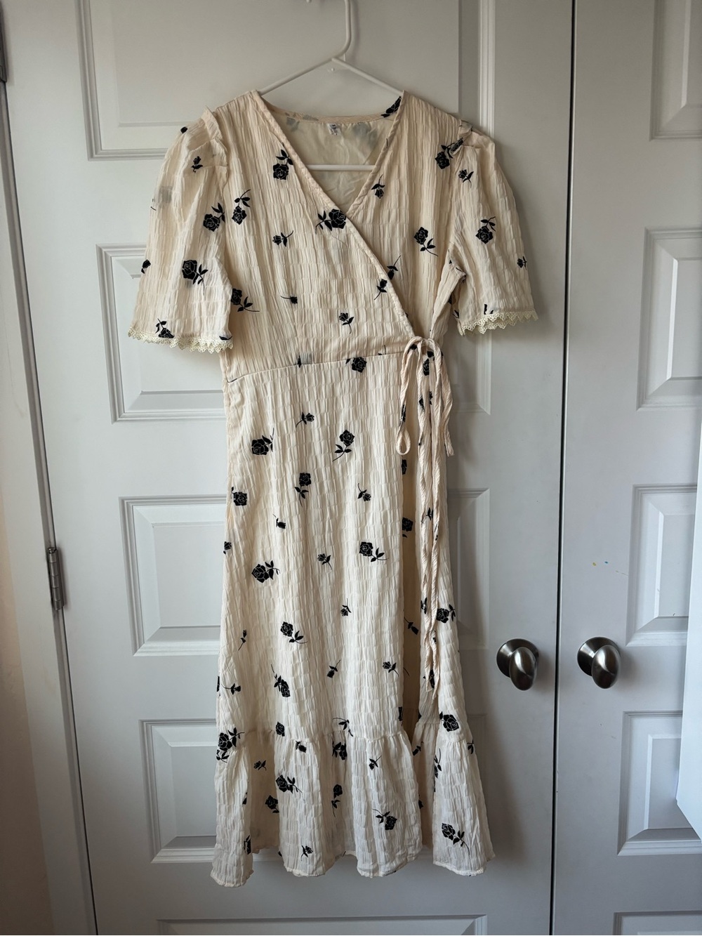 Cream Floral Wrap Midi Dress with Black Rose Print